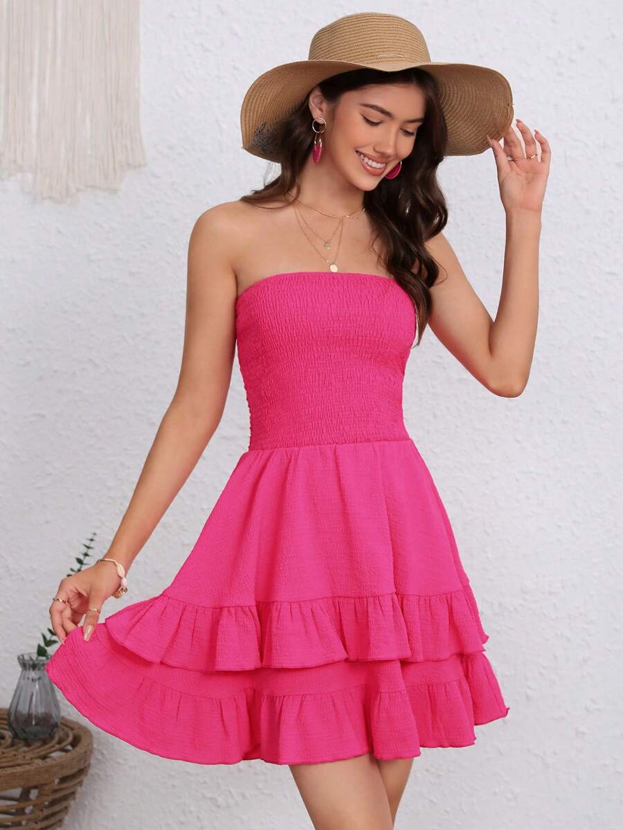 SHEIN WYWH 荷葉邊抹胸連衣裙 - 玫紅色 - 查看 1