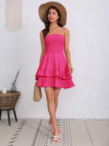 SHEIN WYWH 荷葉邊抹胸連衣裙 - 玫紅色 - 查看 4