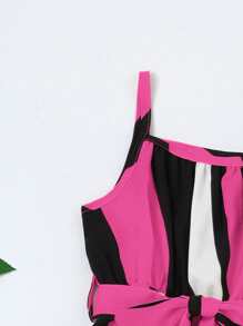 小女童條紋印花腰帶吊帶連體褲 - 玫紅色 - 查看 3