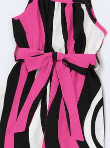 小女童條紋印花腰帶吊帶連體褲 - 玫紅色 - 查看 4