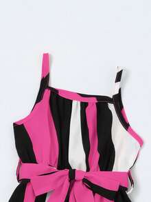 小女童條紋印花腰帶吊帶連體褲 - 玫紅色 - 查看 5