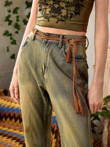 ROMWE Fairycore 1pc Women Solid Ring & Tassel Belt - Brown - View 1