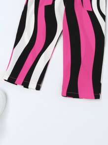 小女童條紋印花腰帶吊帶連體褲 - 玫紅色 - 查看 6