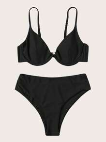 素色比基尼泳裝 - 黑色 - 查看 3