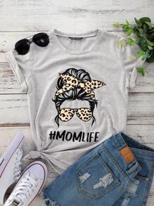 SHEIN LUNE Áo thun Plus size Con số Lá thư Giải trí - Xám - Xem 1