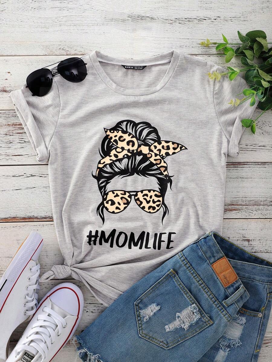 SHEIN LUNE Áo thun Plus size Con số Lá thư Giải trí - Xám - Xem 1