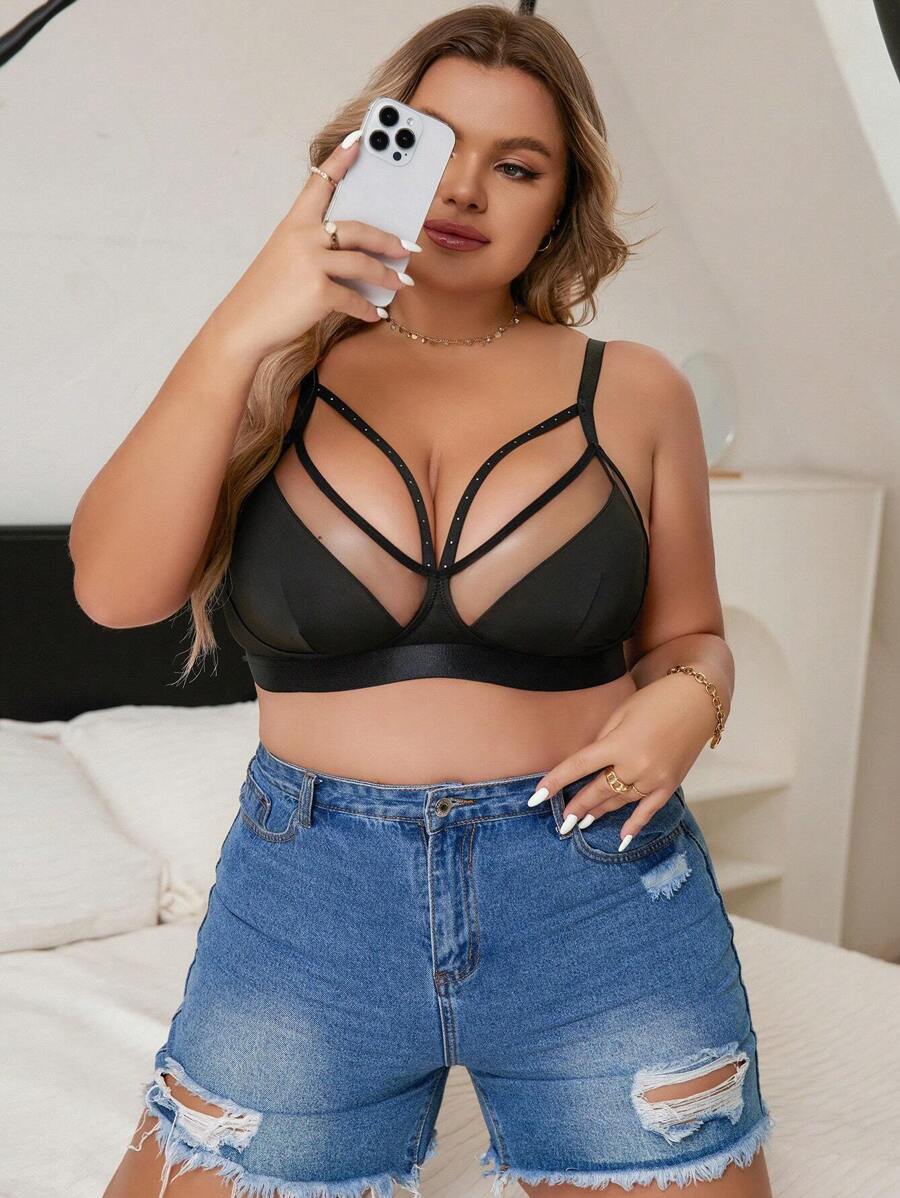 Plus Contrast Mesh Bra Lingerie - Black - View 1