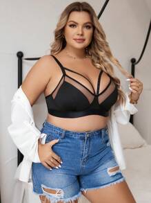 Plus Contrast Mesh Bra Lingerie - Black - View 5