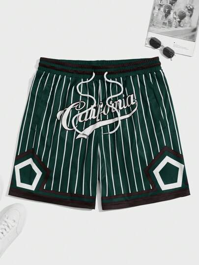 Guys Striped & Letter Graphic Drawstring Waist Shorts