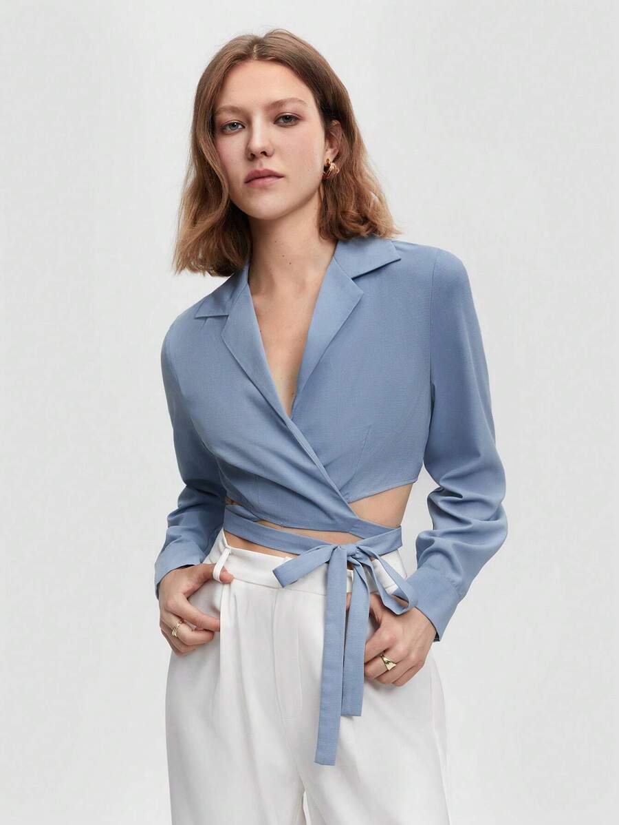 BizChic 西裝領圍裹側打結短款襯衫