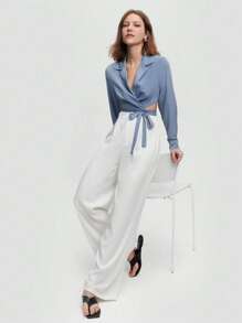 BizChic 西裝領圍裹側打結短款襯衫