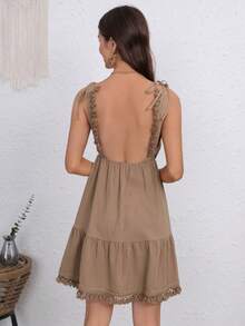 SHEIN VCAY Đầm Lộ Lưng mép Thắt nút Trọn gói màu trơn Gợi cảm - Màu nâu  Mocha - Xem 2