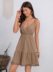 SHEIN VCAY Đầm Lộ Lưng mép Thắt nút Trọn gói màu trơn Gợi cảm - Màu nâu  Mocha - Xem 3