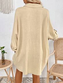 SHEIN LUNE Batwing Sleeve Pocket Patched Button Front Shirt Dress - Apricot - View 2