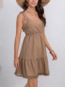 SHEIN VCAY Đầm Lộ Lưng mép Thắt nút Trọn gói màu trơn Gợi cảm - Màu nâu  Mocha - Xem 6