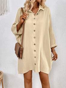 SHEIN LUNE Batwing Sleeve Pocket Patched Button Front Shirt Dress - Apricot - View 3