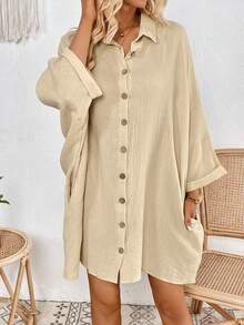 SHEIN LUNE Batwing Sleeve Pocket Patched Button Front Shirt Dress - Apricot - View 4