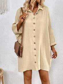 SHEIN LUNE Batwing Sleeve Pocket Patched Button Front Shirt Dress - Apricot - View 5