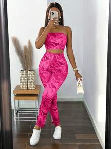 BamGleam Marble Print Tube Top & Leggings - Hot Pink - View 3