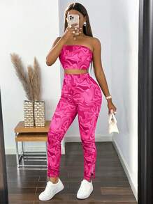 BamGleam Marble Print Tube Top & Leggings - Hot Pink - View 5