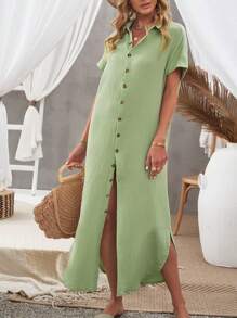 Batwing Sleeve Button Front Shirt Dress - Lime Green - View 4