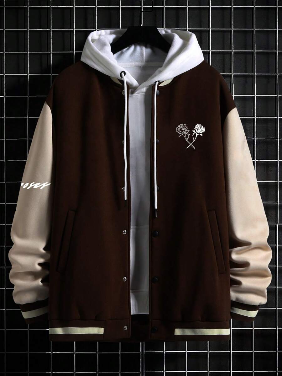Manfinity Hypemode Loose-Fit Men's Letter Printed Striped Trim Drop Shoulder Varsity Jacket Without Hoodie - Coffee Brown - View 1