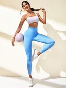 Easithlete 迷彩印花寬腰帶運動打底褲 - 綠色 - 查看 3