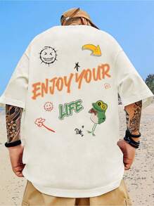 Manfinity EMRG 男士卡通和標語圖案落肩T恤 - 杏色 - 查看 1