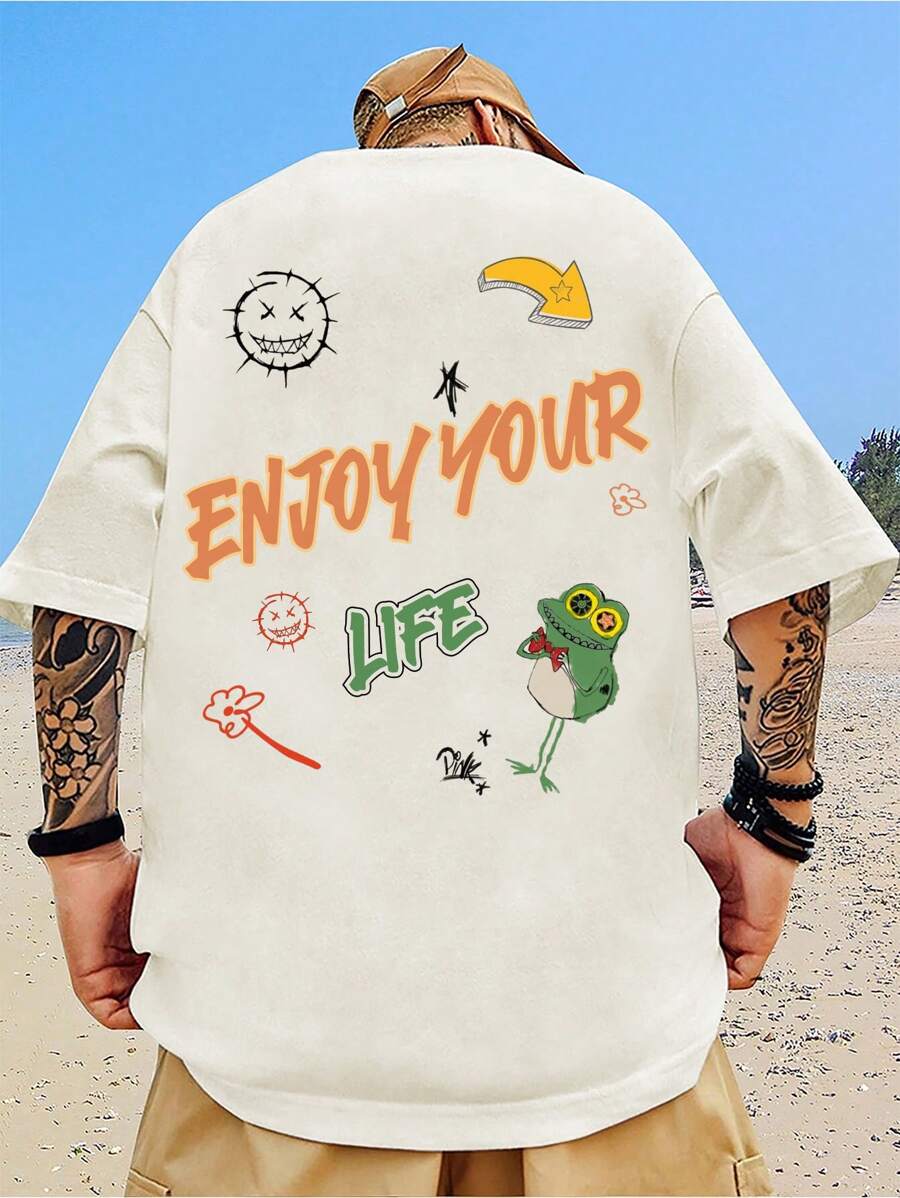 Manfinity EMRG 男士卡通和標語圖案落肩T恤 - 杏色 - 查看 1