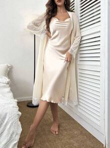 Bộ váy ngủ và áo choàng PJ ren tương phản Cami / Bộ đồ ngủ - Rượu sâm banh - Xem 3