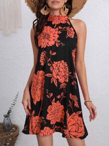 SHEIN VCAY Floral Print Halter Neck Dress - Multicolor - View 1