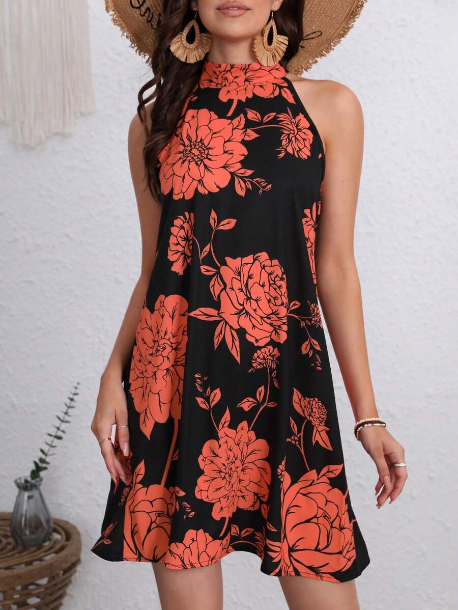 SHEIN VCAY Floral Print Halter Neck Dress - Multicolor - View 1