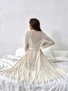 Bộ váy ngủ và áo choàng PJ ren tương phản Cami / Bộ đồ ngủ - Rượu sâm banh - Xem 7