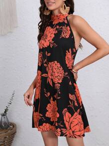 SHEIN VCAY Floral Print Halter Neck Dress - Multicolor - View 3