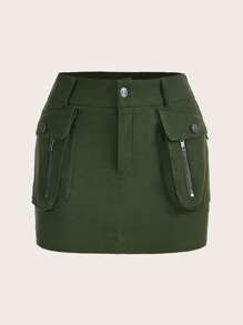 SHEINNeu Flap Pocket Zip Detail Cargo Skirt - Army Green - View 1
