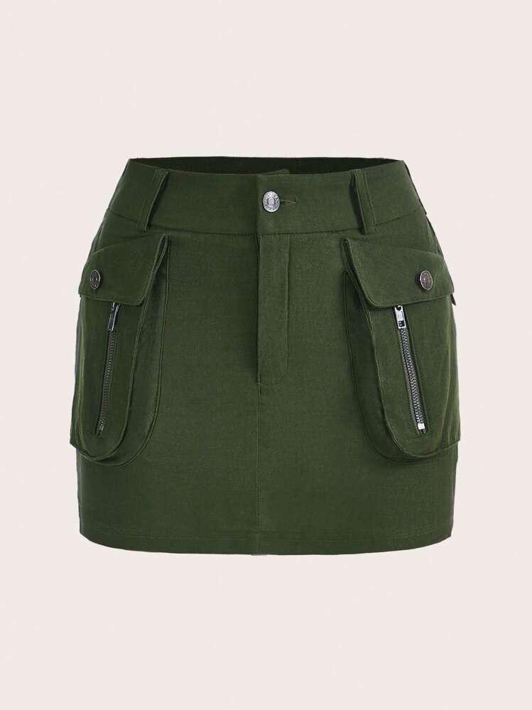 SHEINNeu Váy nữ Nút Túi Dây kéo màu trơn Gợi cảm - xanh quân đội - Xem 1