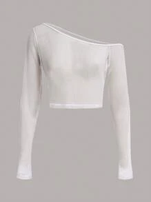 SHEINNeu Top de cuello asimétrico de malla - Blanco - Ver 1