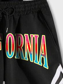 Street Life Men Letter Graphic Tee & Striped Trim Drawstring Waist Shorts - Black - View 5