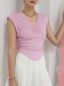 SHEIN Qutie 素色褶邊弧形下擺T恤 - 粉色 - 查看 3