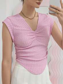 SHEIN Qutie 素色褶邊弧形下擺T恤 - 粉色 - 查看 4