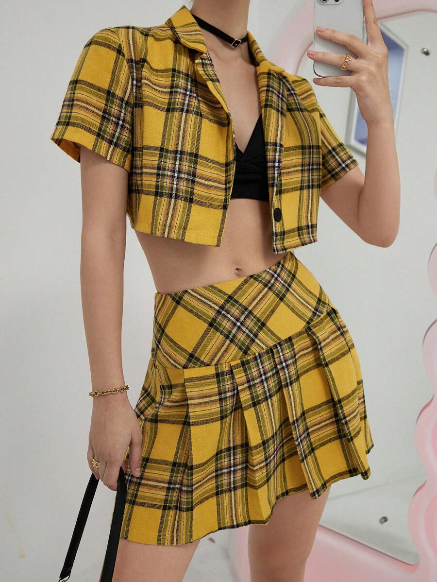 SHEIN Unity 格紋印花短款襯衫和百褶半身裙 - 黃色 - 查看 1