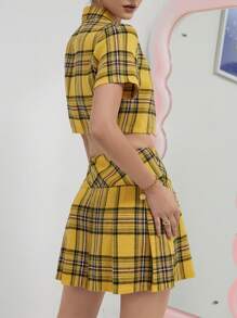 SHEIN Unity 格紋印花短款襯衫和百褶半身裙 - 黃色 - 查看 2