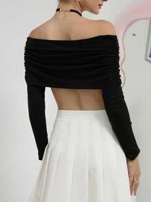 SHEIN Privé Off Shoulder Ruched Crop Top - Black - View 2
