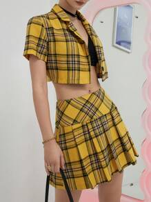 SHEIN Unity 格紋印花短款襯衫和百褶半身裙 - 黃色 - 查看 4