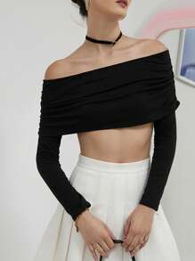 SHEIN Privé Off Shoulder Ruched Crop Top - Black - View 3