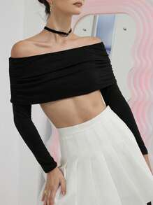 SHEIN Privé Off Shoulder Ruched Crop Top - Black - View 4