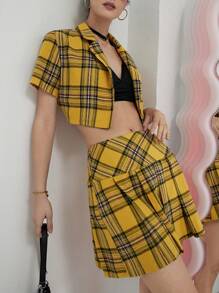 SHEIN Unity 格紋印花短款襯衫和百褶半身裙 - 黃色 - 查看 6