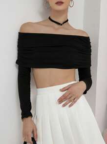 SHEIN Privé Off Shoulder Ruched Crop Top - Black - View 6