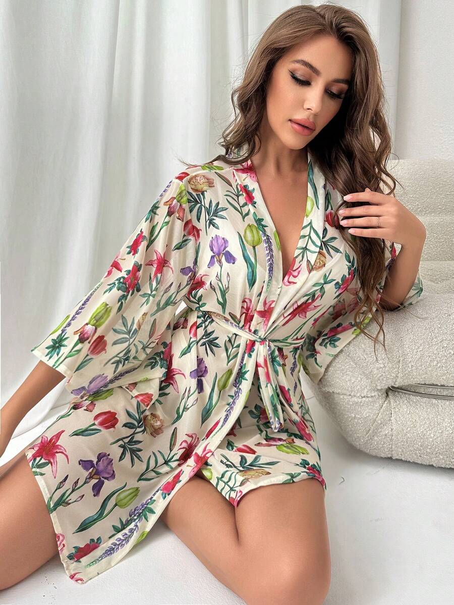 印花腰帶網紗睡袍 - 米色 - 查看 1