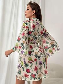 印花腰帶網紗睡袍 - 米色 - 查看 2